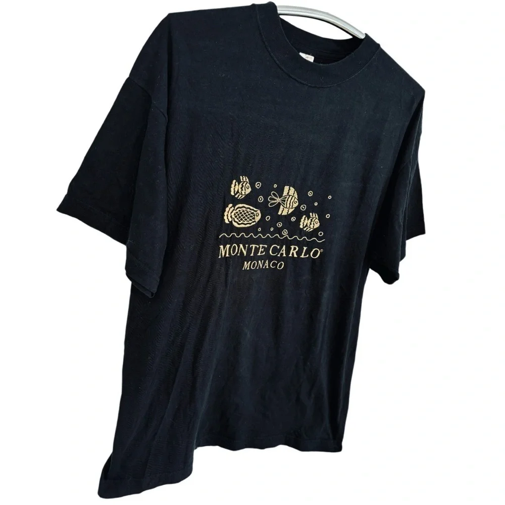 MONTE CARLO MONACO FISH BLACK T-SHIRT + GOLD EMBROIDERY, SIZE XL - Picture 3 of 8